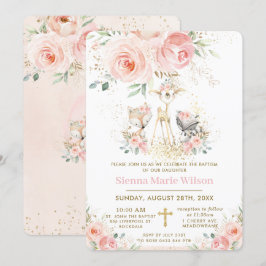 Convite Chic Blush Floral Woodland Baptism Christening