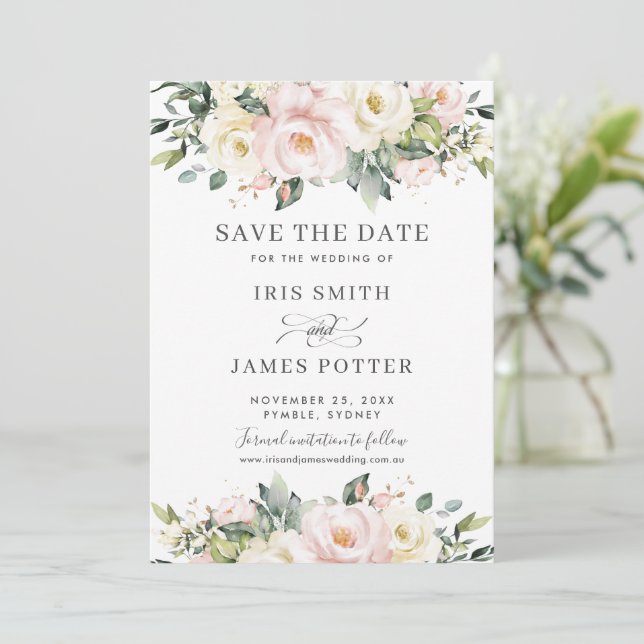 Convite Chic Blush Ivory Floral Weding the Date Card (Em pé/Frente)