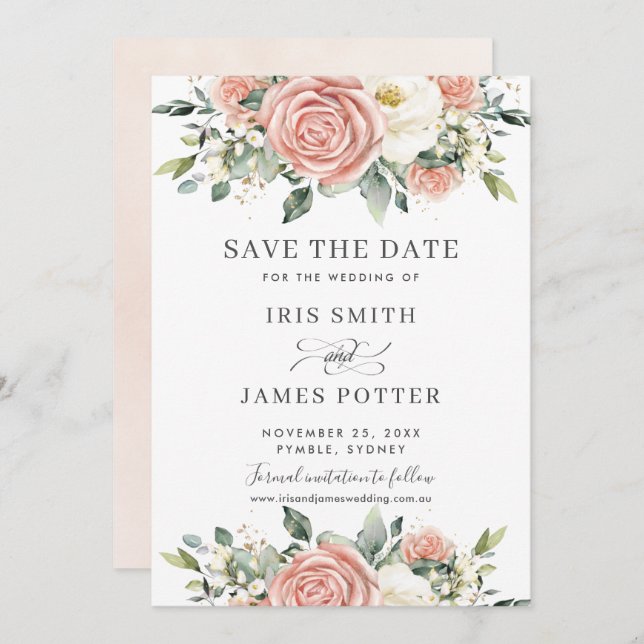Convite Chic Blush Ivory Floral Weding the Date Card (Frente/Verso)