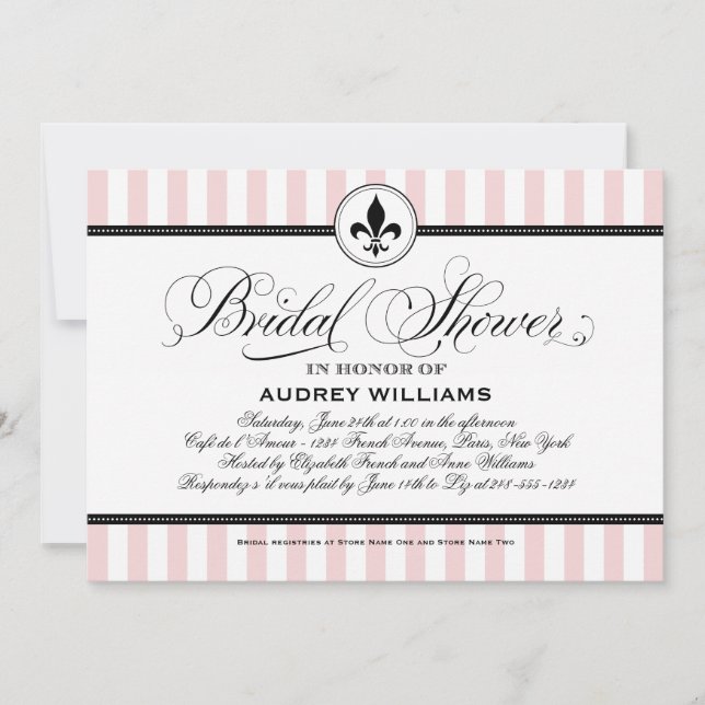 Convite Chic Blush Listra Fleur de Lis Casamento Chá de No (Frente)