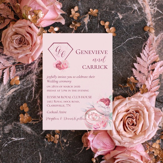 Convite Chic Blush Pink & Crimson Red Weditation (Criador carregado)