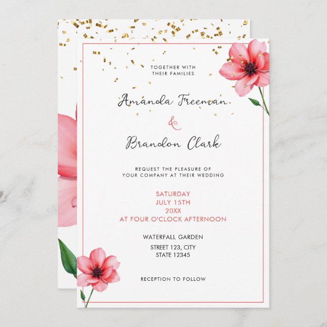 Convite Chic Blush Pink Floral Confetti Frame Wedding (Frente/Verso)