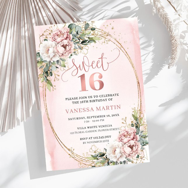 Convite Chic Blush Pink Floral Eucalyptus Sweet 16 Invite (Chic Blush Pink Floral Eucalyptus Sweet 16 Invitation)