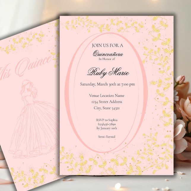 Convite Chic Blush Pink & Gold Quinceanera Invitation (Criador carregado)