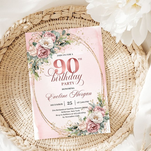 Convite Chic Blush Rosa Dourado Eucalipto 90º Aniversário  (Chic Blush Pink Gold Eucalyptus 90th Birthday Invite)