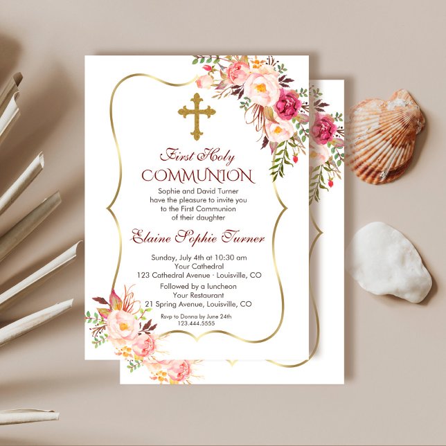 Convite Chic Blush Rosa Floral Dourado Primeira Comunhão S (floral gold holy communion invitation, trendy blush floral communion invitation, pink  communion)