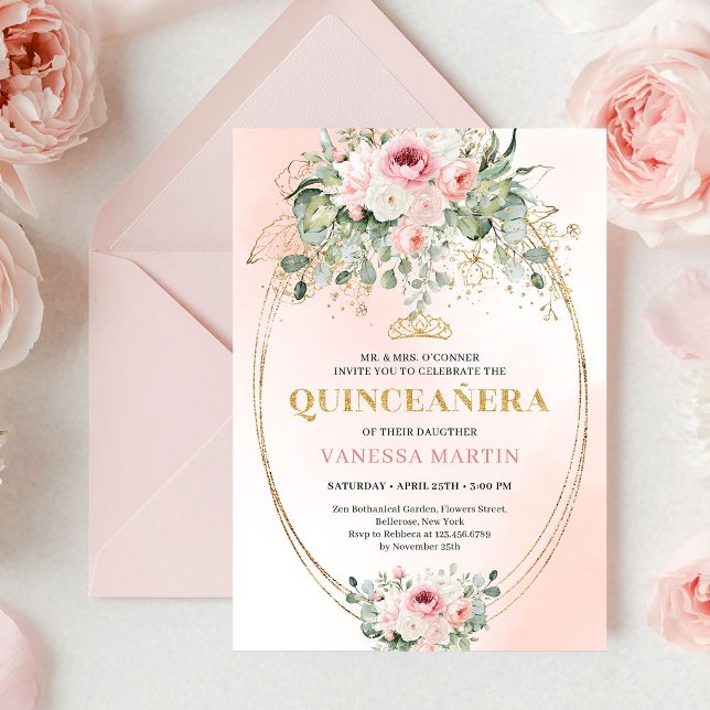 Convite Chic Blush Rosa Floral Dourado Quinceañera (Chic Blush Pink Floral Gold Quinceañera Boho Invite)