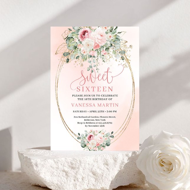 Convite Chic Blush Roses Greenery Sweet Sixteen Invite (Chic Blush Roses Greenery Sweet Sixteen Invite)