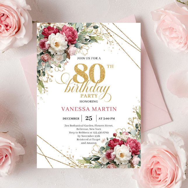 Convite Chic Blush White Gold 80th Birthday Invitation (Chic Blush White Gold 80th Birthday Invitation)