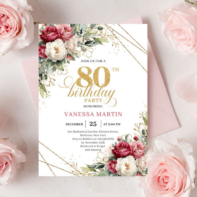 Convite Chic Blush White Greenery 80th Birthday Invite (Chic Blush White Greenery 80th Birthday Invite)