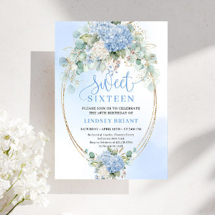 Convite Chic Boêmio Azul Floral Dourado Sweet 16