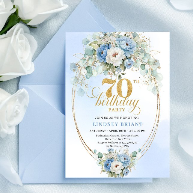 Convite Chic Boêmio Flores Azuis e Dourado Aniversário de  (Chic Bohemian Blue Flowers and Gold 70th Birthday)