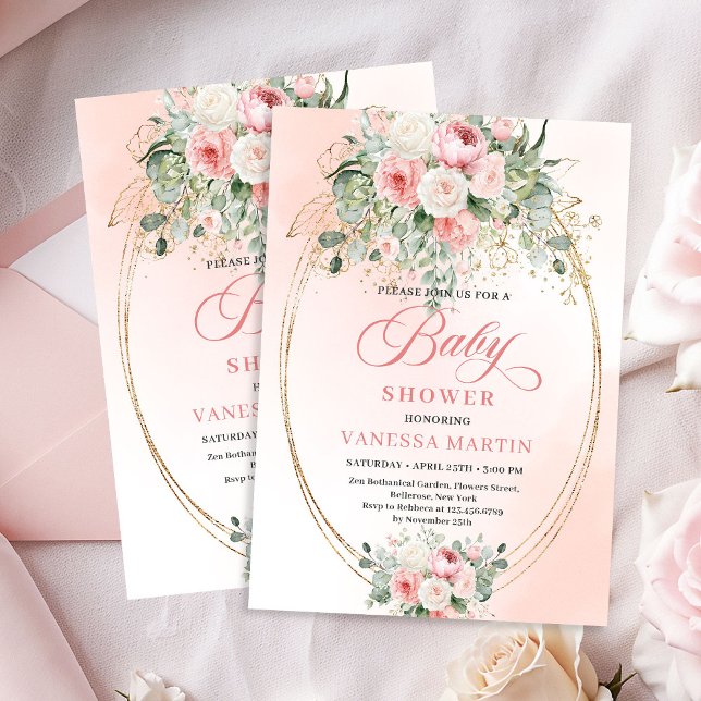 Convite Chic Boêmio Rosa Floral para Chá de Bebê M (Chic Bohemian Blush Floral Girl Baby Shower Invite)