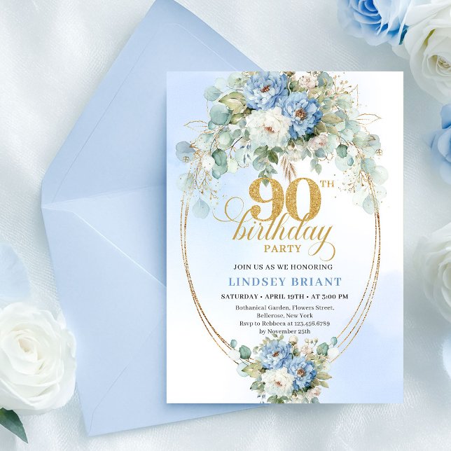 Convite Chic Bohemian Blue Flowers 90th Birthday Invite (Chic Bohemian Blue Flowers 90th Birthday Invite)