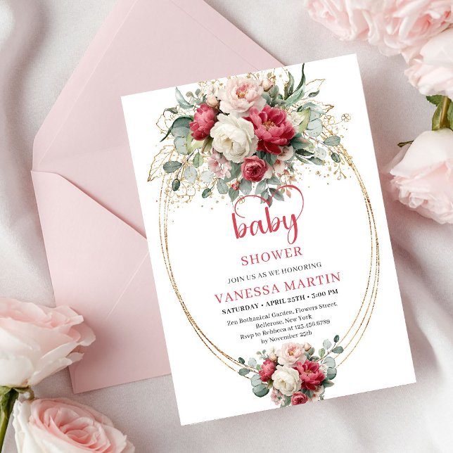 Convite Chic Bohemian Ruby Red White Gold Floral Baby (Chic Bohemian Ruby Red White Gold Floral Baby Invite)