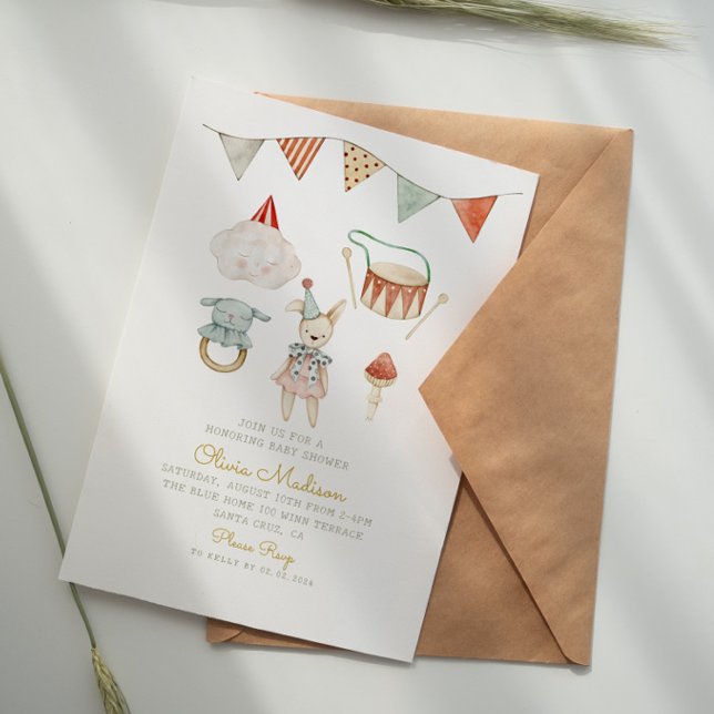 Convite Chic Boho Aguarela Cogumelo & Brinquedos Baby Show (Criador carregado)