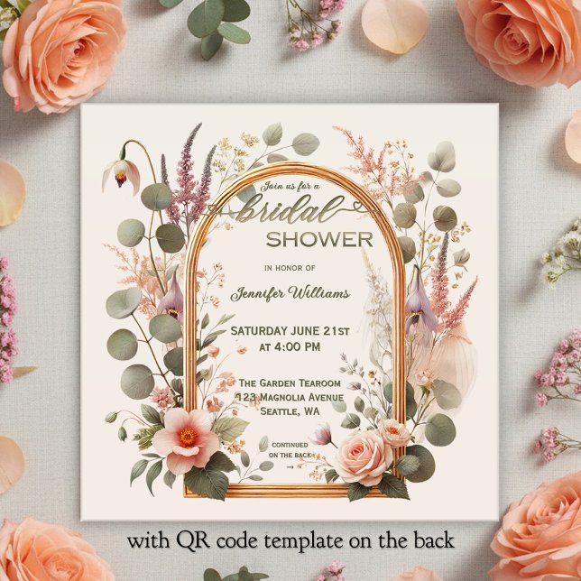 Convite Chic Boho Arco Floral em Dourado Rosa Chá de Noiva (Bohemian bridal shower invitation featuring a watercolor flower arrangement around a rose gold arch)