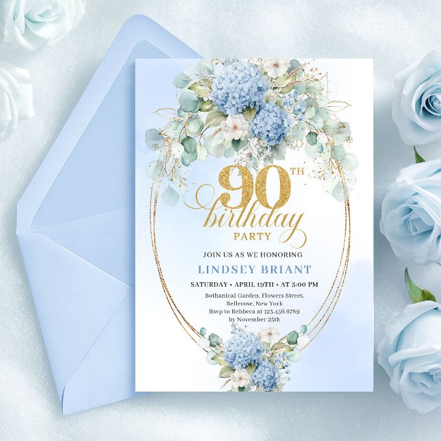 Convite Chic Boho Azul Hydrangea Floral Dourado Aniversári (Chic Blue Hydrangea Floral Gold 90th Birthday Invite)