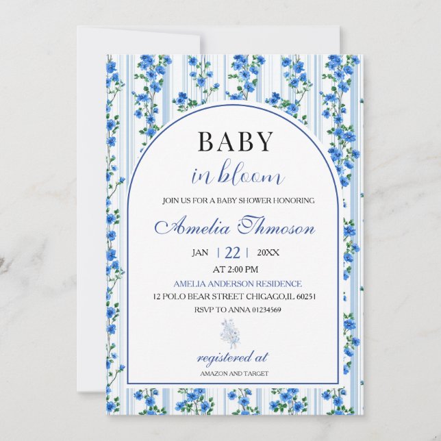Convite Chic Boho Azul Menino Flor Silvestre Shower de Beb (Frente)