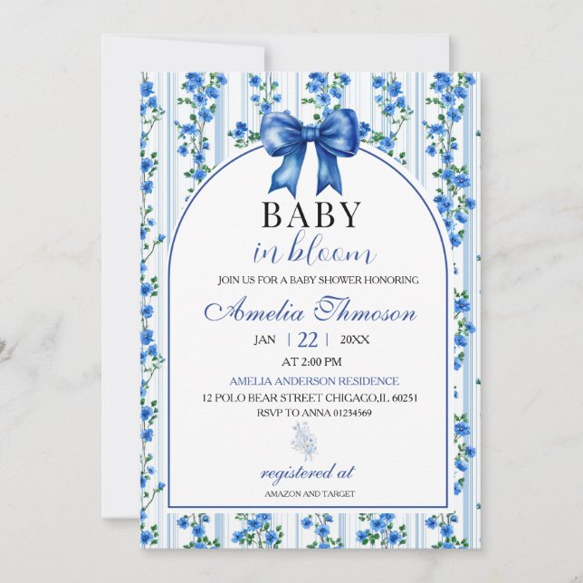 Convite Chic Boho Azul Menino Flor Silvestre Shower de Beb (Frente)
