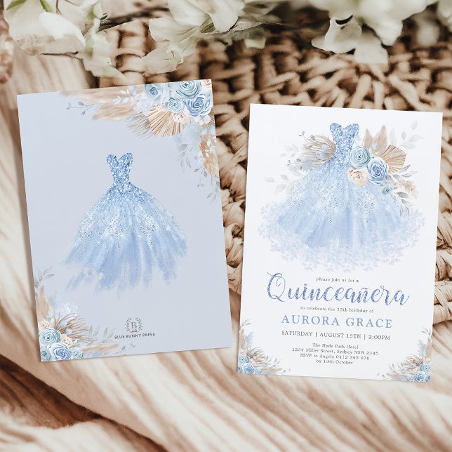 Convite Chic Boho Blue Silver Quinceañera Princesa Vestida (Criador carregado)