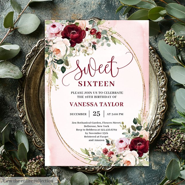 Convite Chic Boho Blush Borgonha Rosa Sweet 16 (Chic Blush Burgundy Rose Sweet 16 Invitation)