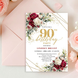 Convite Chic Boho Borgonha Rosa Floral Dourado Aniversário