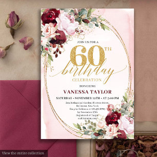 Convite Chic Boho Borgonha Rubor Floral 60º Aniversário
