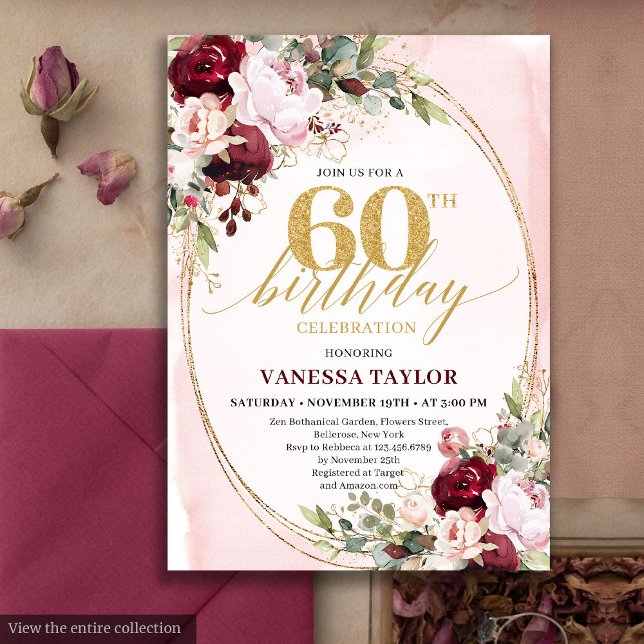 Convite Chic Boho Borgonha Rubor Floral 60º Aniversário (Chic Boho Burgundy Blush Floral 60th Birthday)
