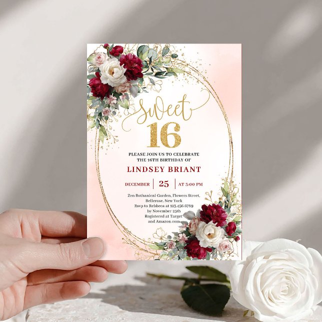 Convite Chic Boho Burgundy Blush Dourado Floral Doce Dezes (Chic Boho Burgundy Blush Gold Floral Sweet Sixteen)