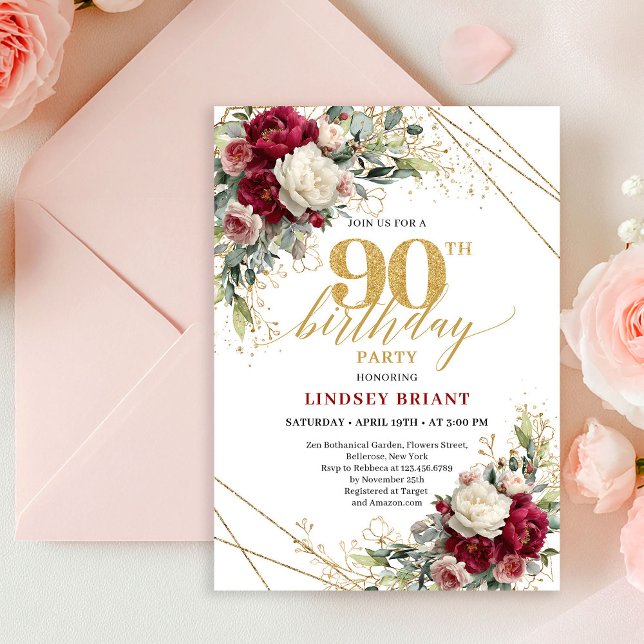 Convite Chic Boho Burgundy Blush Floral Gold 90th Birthday (Chic Burgundy Blush Floral Gold 90th Birthday Invite)