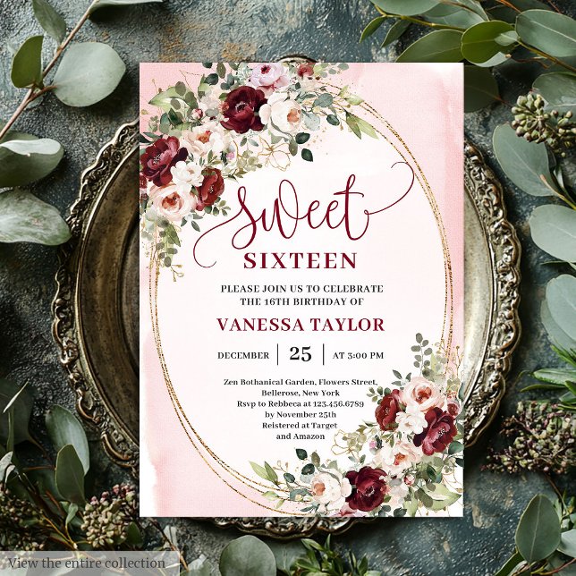 Convite Chic Boho Burgundy Blush Floral Gold Sweet Sixteen (Chic Boho Burgundy Blush Floral Gold Sweet Sixteen Invitation)