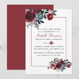 Convite Chic Boho burgundy e floral naval Baby Shower