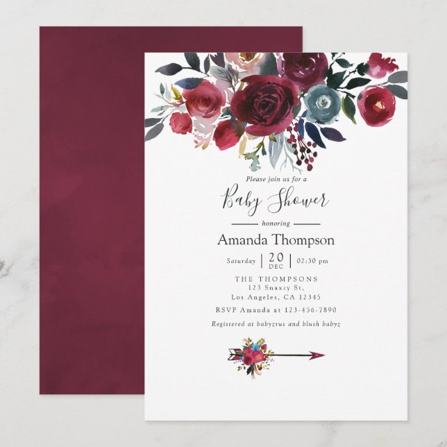 Convite Chic Boho Burgundy e floral Navy Baby Shower (Frente/Verso)