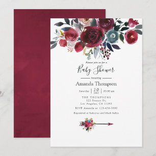 Convite Chic Boho Burgundy e floral Navy Baby Shower
