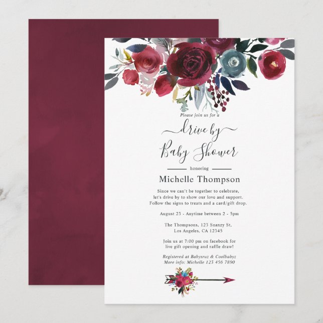 Convite Chic Boho Burgundy e Floral Navy Drive By Chuveiro (Frente/Verso)