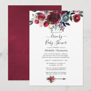 Convite Chic Boho Burgundy e Floral Navy Drive By Chuveiro