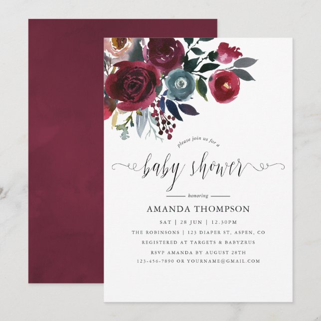 Convite Chic Boho Chá de Bebê floral Burgundy e Navy (Frente/Verso)