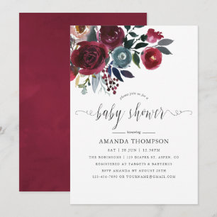 Convite Chic Boho Chá de Bebê floral Burgundy e Navy