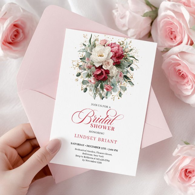 Convite Chic Boho Crimson Branco Greenery Chá de Noiva  (Chic Boho Crimson White Greenery Bridal Shower Invite

)