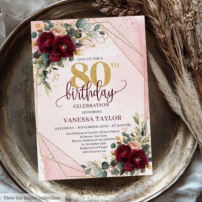 Convite Chic Boho Deep Red Dourado Flowers 80 de Aniversár (Chic Boho Deep Red Gold Flowers 80th Birthday Invitation)