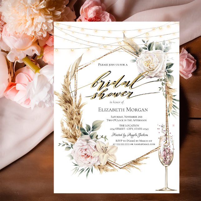 Convite Chic Boho Flores Rosa Dourado Chuveiro de Noiva (Criador carregado)