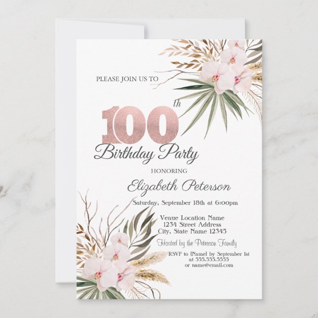 Convite Chic Boho Flowers 100th Birthday (Frente)