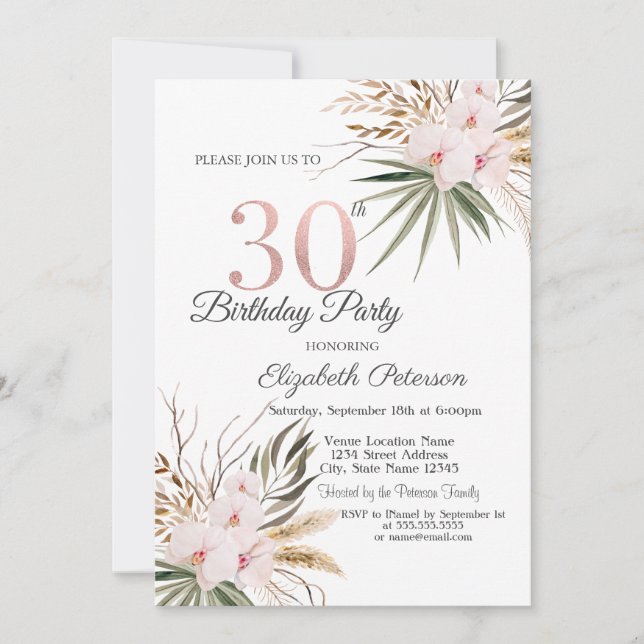 Convite Chic Boho Flowers 30th Birthday (Frente)