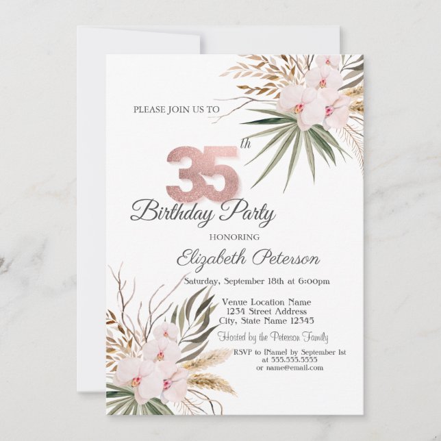 Convite Chic Boho Flowers 35th Birthday (Frente)
