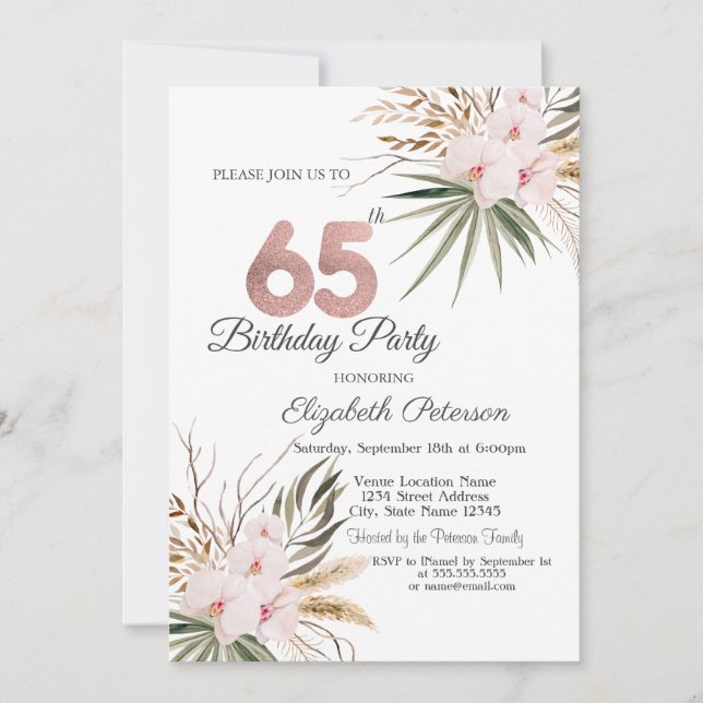 Convite Chic Boho Flowers 65th Birthday (Frente)
