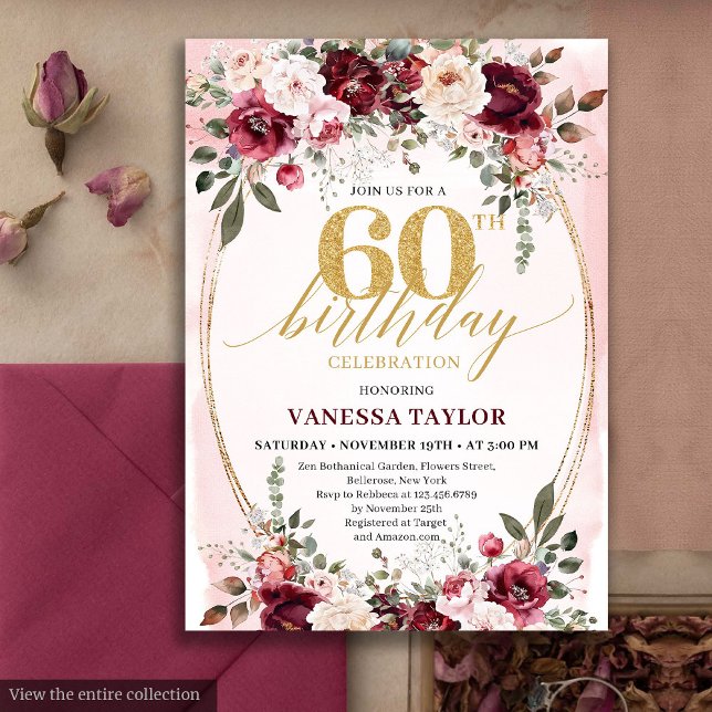 Convite Chic Boho Maroon Gold Floral 60th Birthday Invite (Chic Boho Maroon Gold Floral 60th Birthday Party)