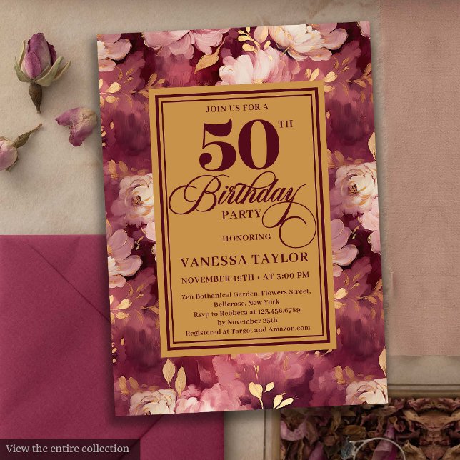 Convite Chic Boho Marsala Dourado Flores 50º Aniversário (Chic Boho Marsala Gold Flowers 50th Birthday Invitation)