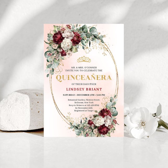 Convite Chic Boho Marsala Flowers 15th Birthday Invitation (Chic Boho Marsala Flowers 15th Birthday Invitation)