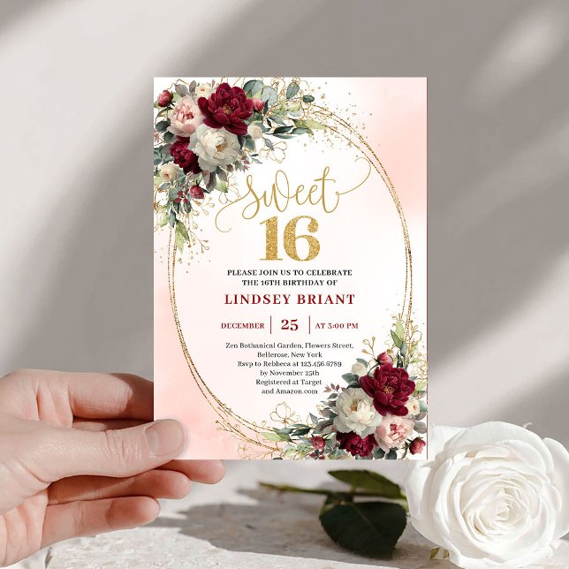 Convite Chic Boho Marsala Gold Floral 16th Birthday Invite (Chic Boho Marsala Gold Floral 16th Birthday Invitation)